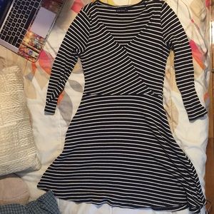 Bershka Navy Blue & White Striped Skater Dress